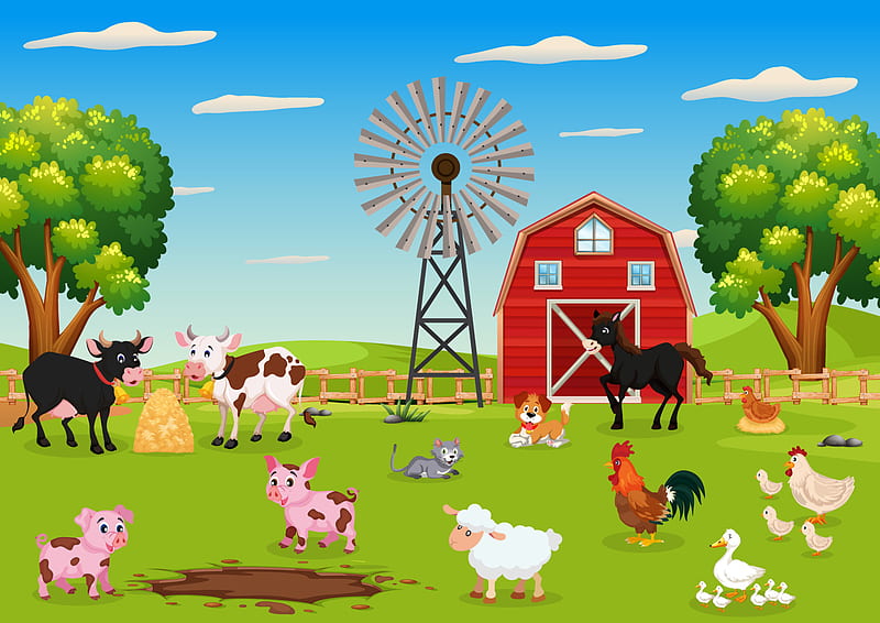 Cartoon illustration of group of farm animals. Scenic farm animals, cow,  pig, HD wallpaper | Peakpx