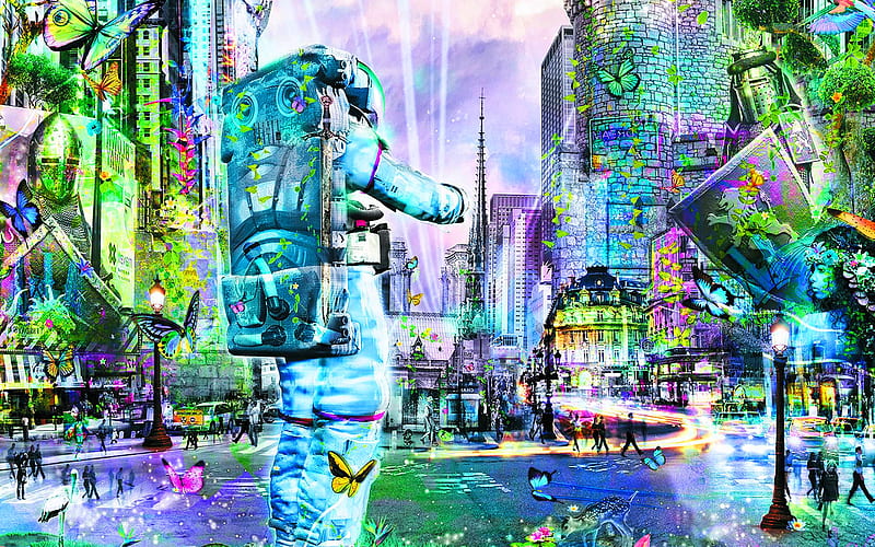 astronaut, ciyscapes, abstract art, creative, astronaut in city, artwork, HD wallpaper