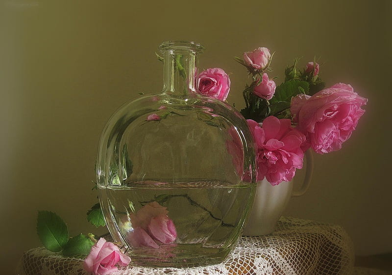 Still Life, pretty, pink flowers, lovely, bottle, colors, vase, bonito, graphy, green, flowers, beauty, nature, petals, white, pink, HD wallpaper