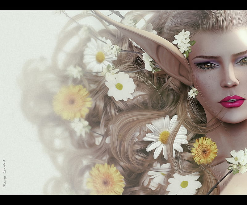 Elf beauty, frumusete, luminos, girl, elf, flower, rendering, skip staheli, HD wallpaper
