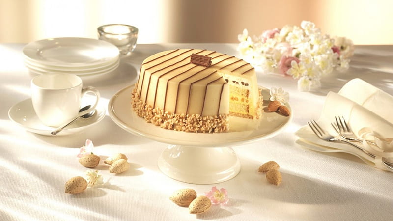 * Sweet cake *, cake, good morning, brightness, flowers, almonds, morning, HD wallpaper