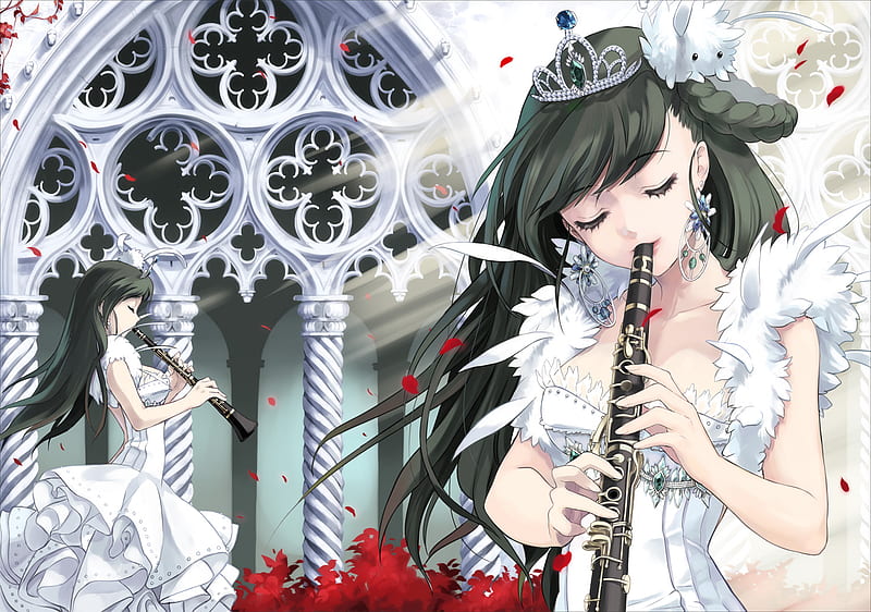 Heavenly Music, red, fluffy, clarinet, play, instrument, anime, preform, jewel, girls, feathers, female, music, dresses, jewelry, song, heavenly, crown, sunshine, bunny, petals, cross, white, HD wallpaper