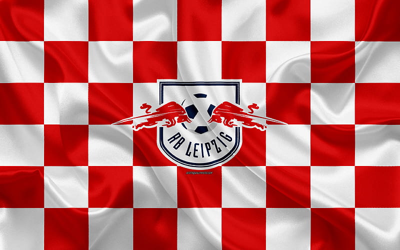 RB Leipzig logo, creative art, red and white checkered flag, German football club, Bundesliga, emblem, silk texture, Leipzig, Germany, football, HD wallpaper