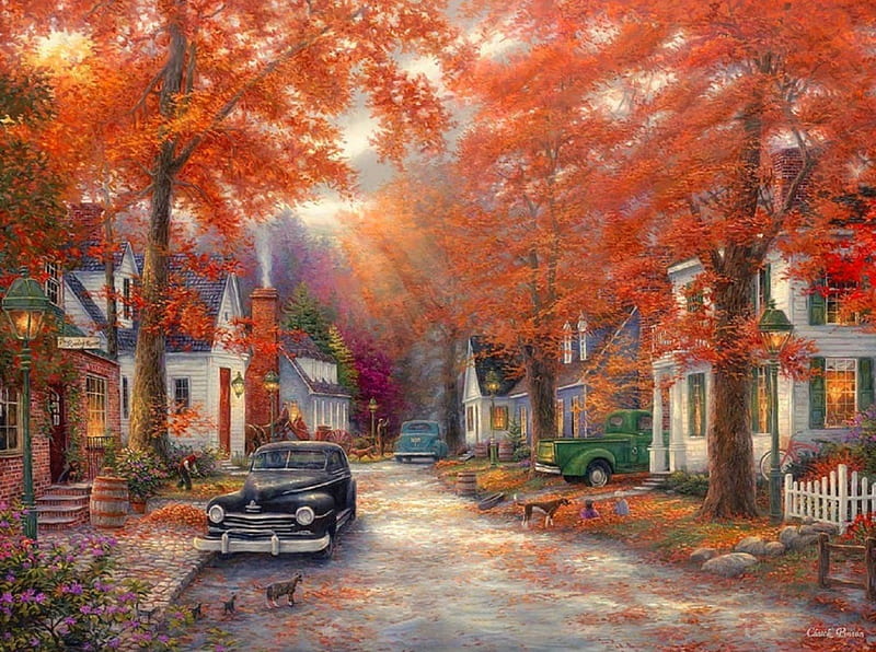 Moment on Memory Lane, fall, autumn, houses, colors, love four seasons, bonito, attractions in dreams, classic cars, trees, paintings, nature, lane, animals, HD wallpaper