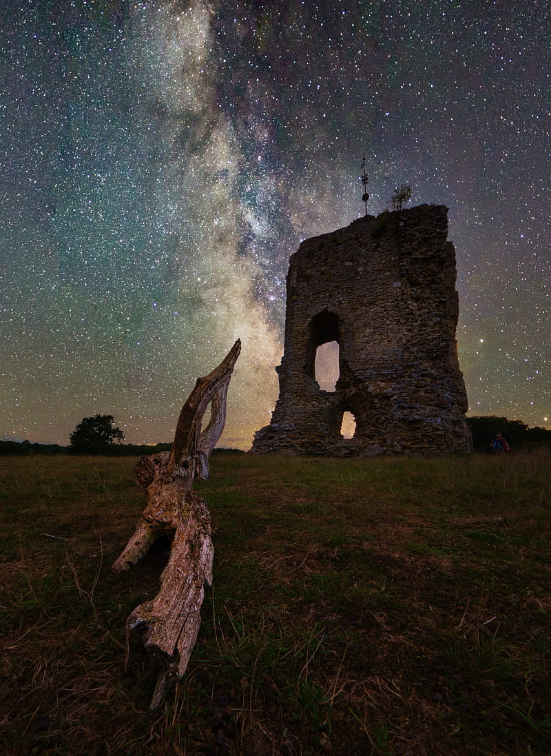 ruins, driftwood, nebula, stars, night, HD phone wallpaper