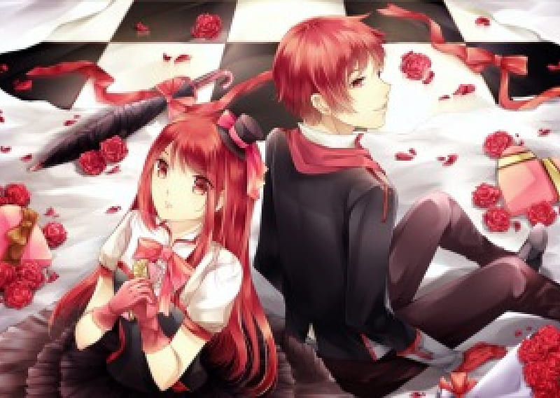 ~Young Love~, dress, umbrella, valentine, ribbons, bows, gloves, anime, love, long hair, couple, romance, holiday, red hair, corazones, roses, hat, boy, girl, bouquet, petals, red eyes, HD wallpaper