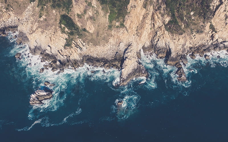 coast, view from above, sea, rocks, coastline, quadrocopter, waves, rocky coast, HD wallpaper