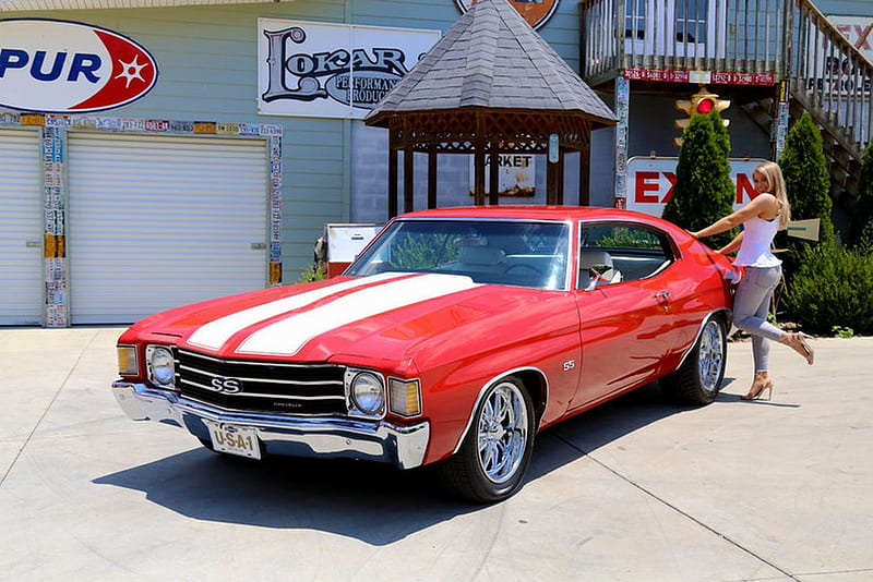 1972 Chevrolet Malibu 350 Chevelle SS Clone and Girl, Malibu, Red, Chevrolet, Muscle, Clone, Old-Timer, 350, Car, Chevelle, SS, Girl, HD wallpaper