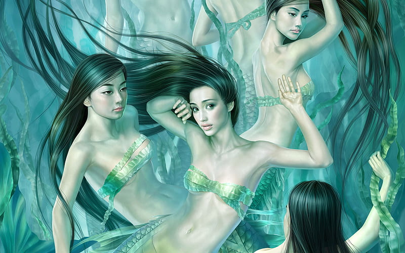 Mermaids, cg, tang yuehui, abstract, women, sea, fantasy, moon, water, green, kelp, long hair, seaweed, blue, HD wallpaper