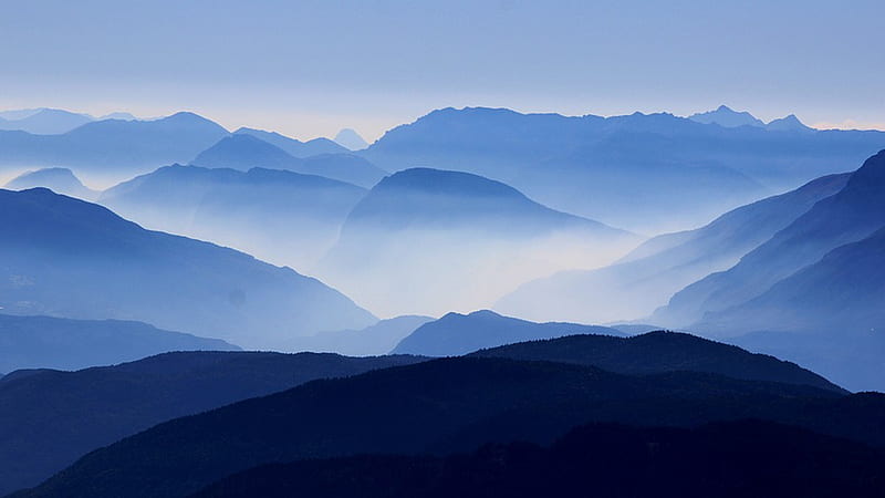 Mountains Blue, mountains, sky, silhouette, fog, blue, Firefox Persona theme, mist, HD wallpaper
