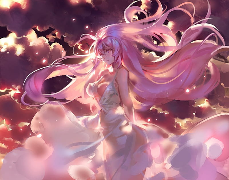 Megurine Luka, pretty, dress, bonito, sunset, woman, sweet, afternoon, Vocaloid, anime, bright, anime girl, long hair, pink, art, female, lovely, soft, sky, cute, girl, purple, lady, pink hair, white, HD wallpaper