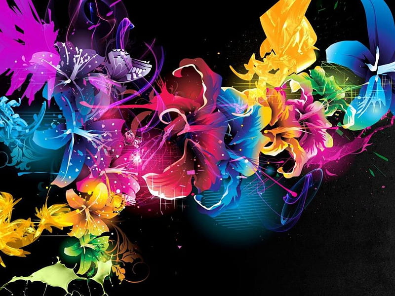 A colorful abstract flowers., brightly colored, flowers, abstract, black background, HD wallpaper