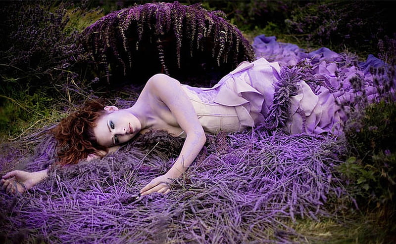 Laying in Lavender, lovely, femininity, model, purple, softnesss, Woman, fashion, Redhead, lavendar, beauty, HD wallpaper