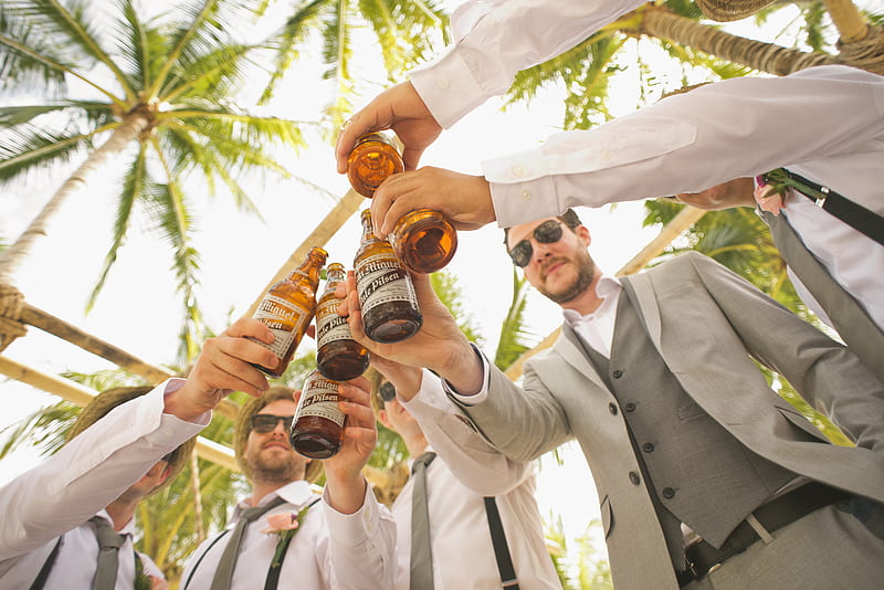 low angle of men holding beer bottles and having a toast, HD wallpaper