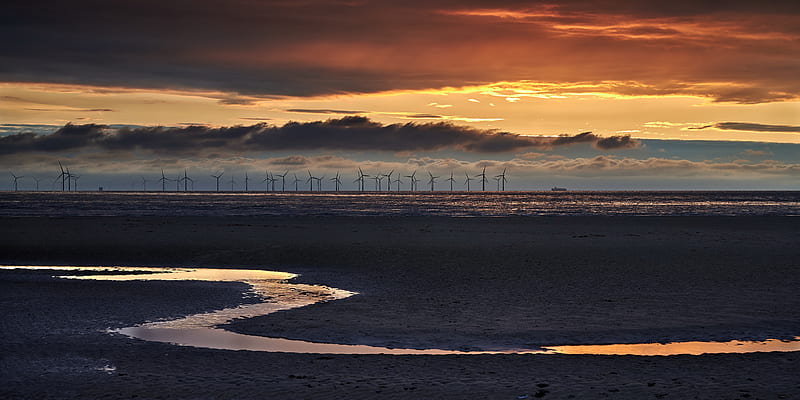 Man Made, Wind Turbine, Cloud, Coast, Horizon, Sea, Sunset, HD wallpaper