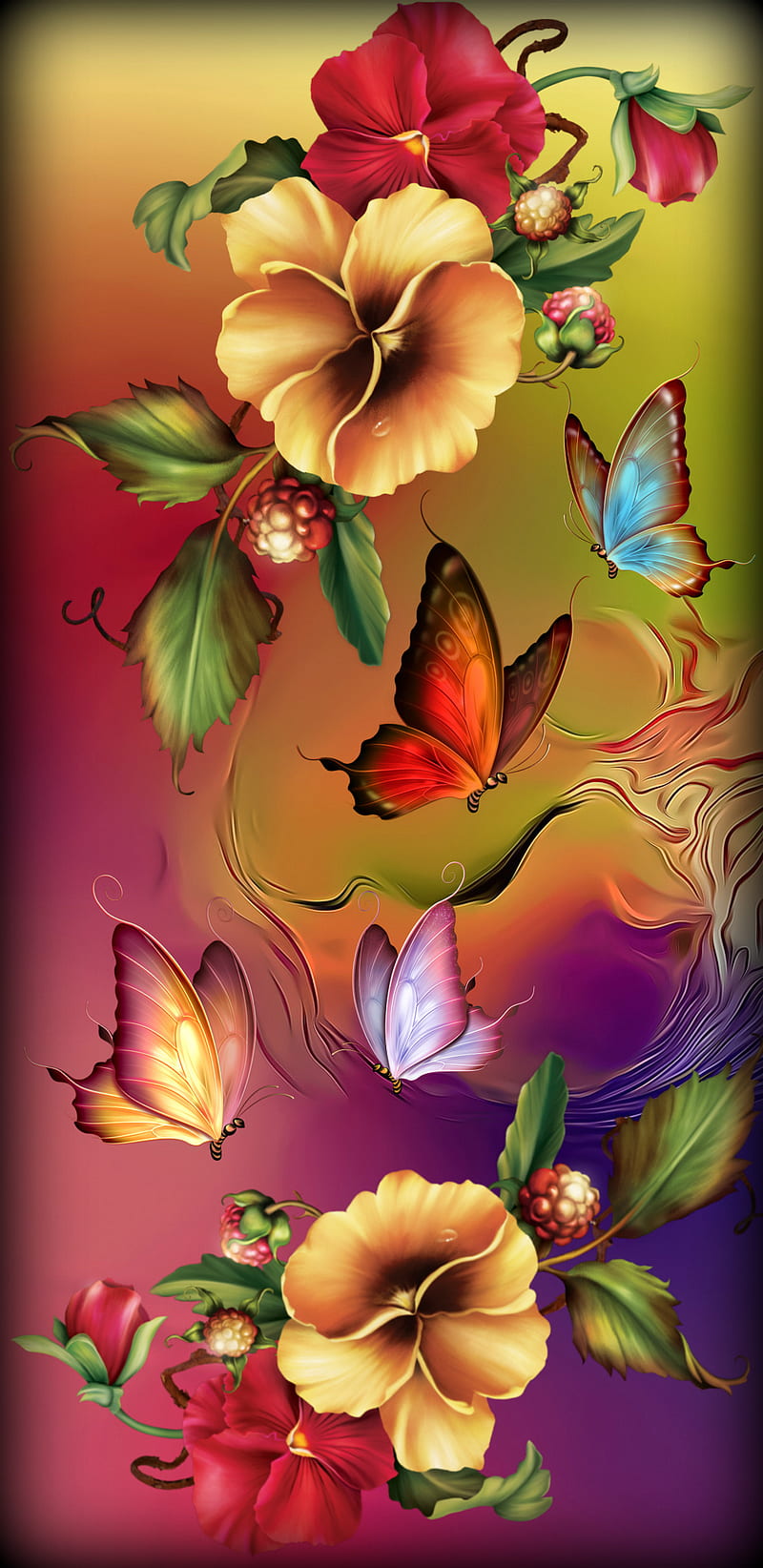 Flowers Butterflies, background, butterfly, colors, desenho, painting, HD phone wallpaper