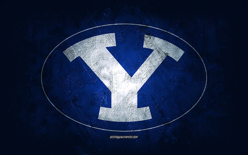 Brigham Young Cougars, American football team, blue background, Brigham Young Cougars logo, grunge art, NCAA, American football, USA, Brigham Young Cougars emblem, HD wallpaper