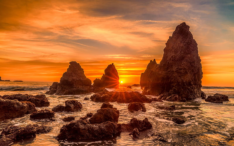 rocks, coast, sunset, sun, Pacific Ocean, California, USA, North America, ocean, HD wallpaper