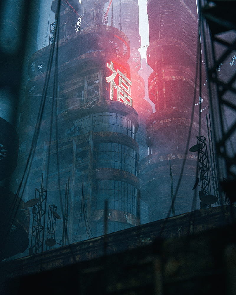 buildings, architecture, neon, hieroglyph, apocalypse, HD phone wallpaper