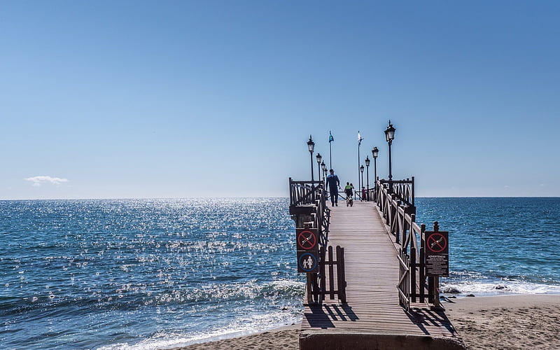 Pier in Marbella, Spain, beach, Spain, sea, pier, HD wallpaper