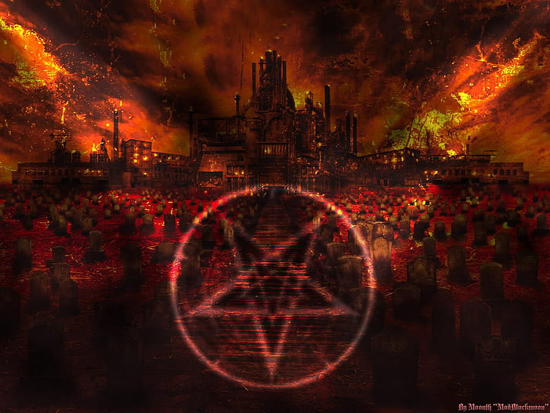 Mod BlackMoon, evil, hell, grave yard, cemetary, satanic, pentagram, grave, fire, scary, HD wallpaper