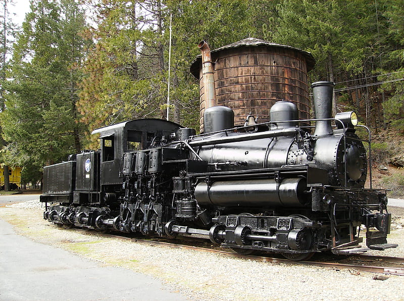 Shay, forest, hotel, locomotive, train, california, steam locomotive, steam train, HD wallpaper