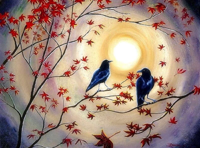 Ravens in Autumn, moons, fall, draw and paint, autumn, love four seasons, birds, trees, ravens, leaves, paintings, animals, HD wallpaper