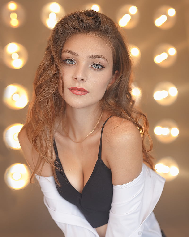 Ivan Losev, women, brunette, long hair, wavy hair, makeup, eyeliner, blue eyes, looking at viewer, lipstick, jewelry, necklace, tank top, black clothing, shirt, white clothing, bright, young woman, HD phone wallpaper
