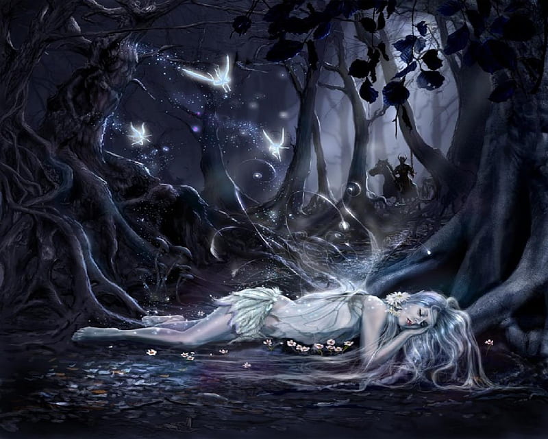 Sleeping Fairy And Dark Knight, fantasy, kinght, fairy, woods, HD wallpaper