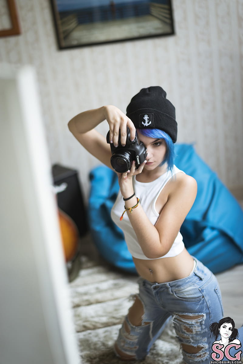 Suicide Girls, Mimo Suicide, women, tattoo, guitar, camera, blue hair,  jeans, HD phone wallpaper | Peakpx