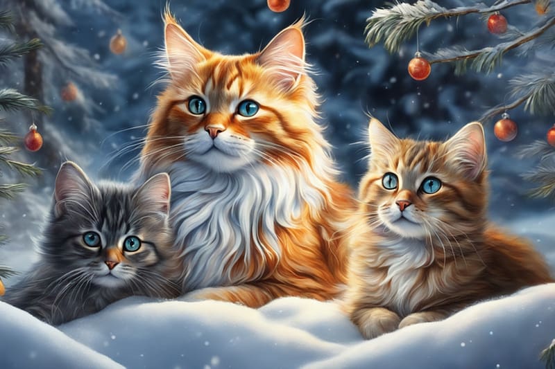Cats in the snow, hazi kedvenc, nezes, erdo, havas, fenyok, ho, tel, fekszenek a hoban, bogyok, cicak, HD wallpaper