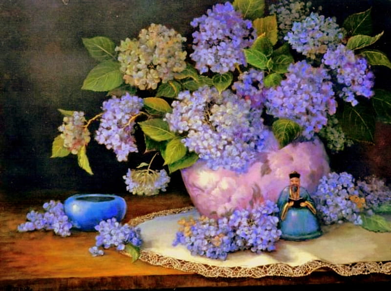 Summer Hydrangeas, blue bowl, blue flowers, white lace cloth, hydrangeas, pink vase, still life, tabletop, painting, flowers, figurine, HD wallpaper