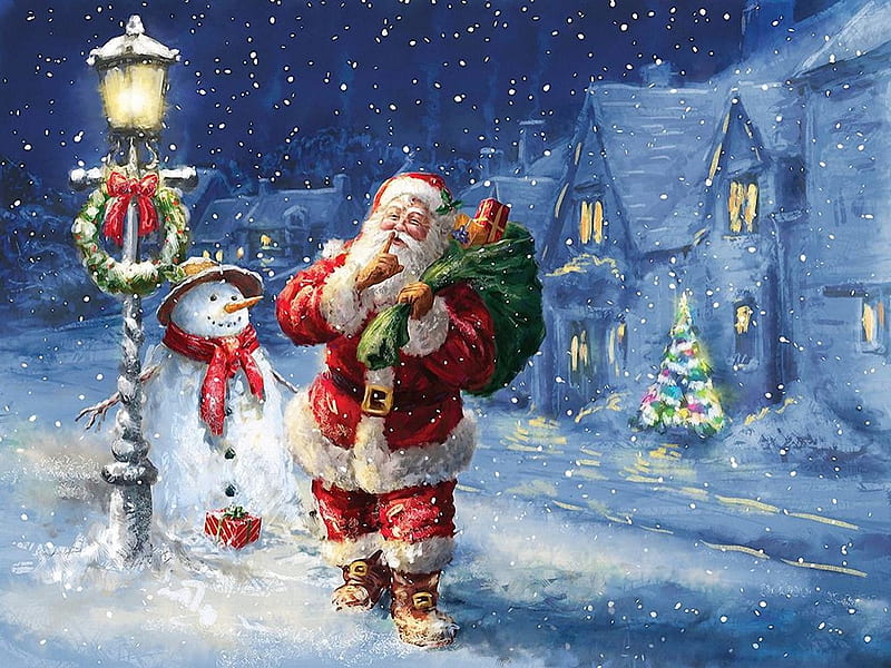 Merry Christmas Night, santa, lantern, snow, houses, painting, village, snowman, artwork, HD wallpaper