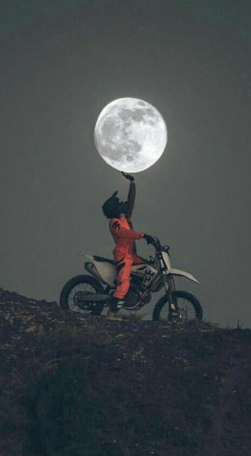 Biker touches Moon, moon, touch, HD phone wallpaper