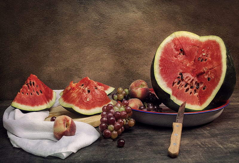 Food, Still Life, Fruit, Grapes, Peach, Watermelon, HD wallpaper