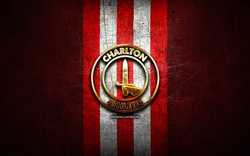 Charlton Athletic FC, golden logo, EFL Championship, red metal background, football, Charlton Athletic, english football club, Charlton Athletic logo, soccer, England, HD wallpaper