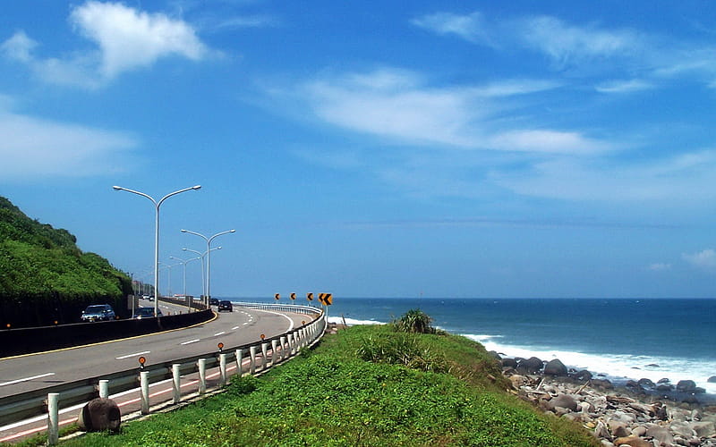 clouds, Nature, Coast, Roads, Taiwan, Roadsigns, Skyscapes, Blue, Skies, Sea / and Mobile Background, HD wallpaper