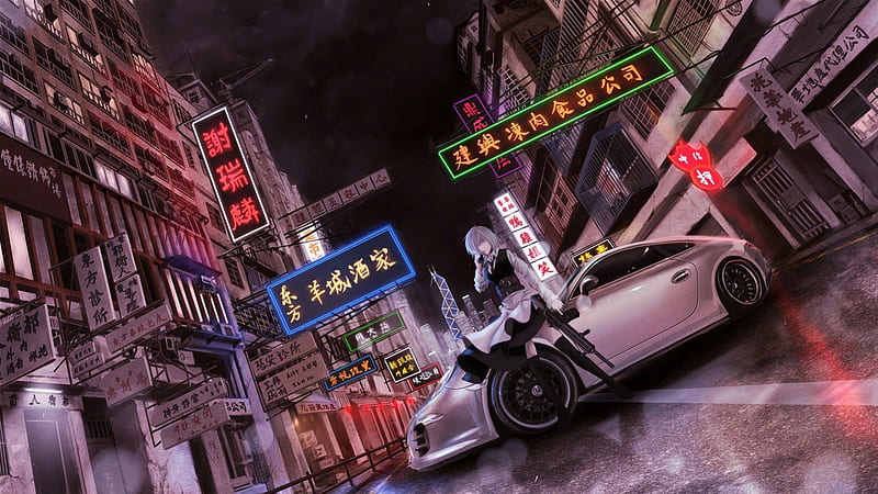 Anime, assault rifle, izayoi sakuya, car, touhou, HD wallpaper