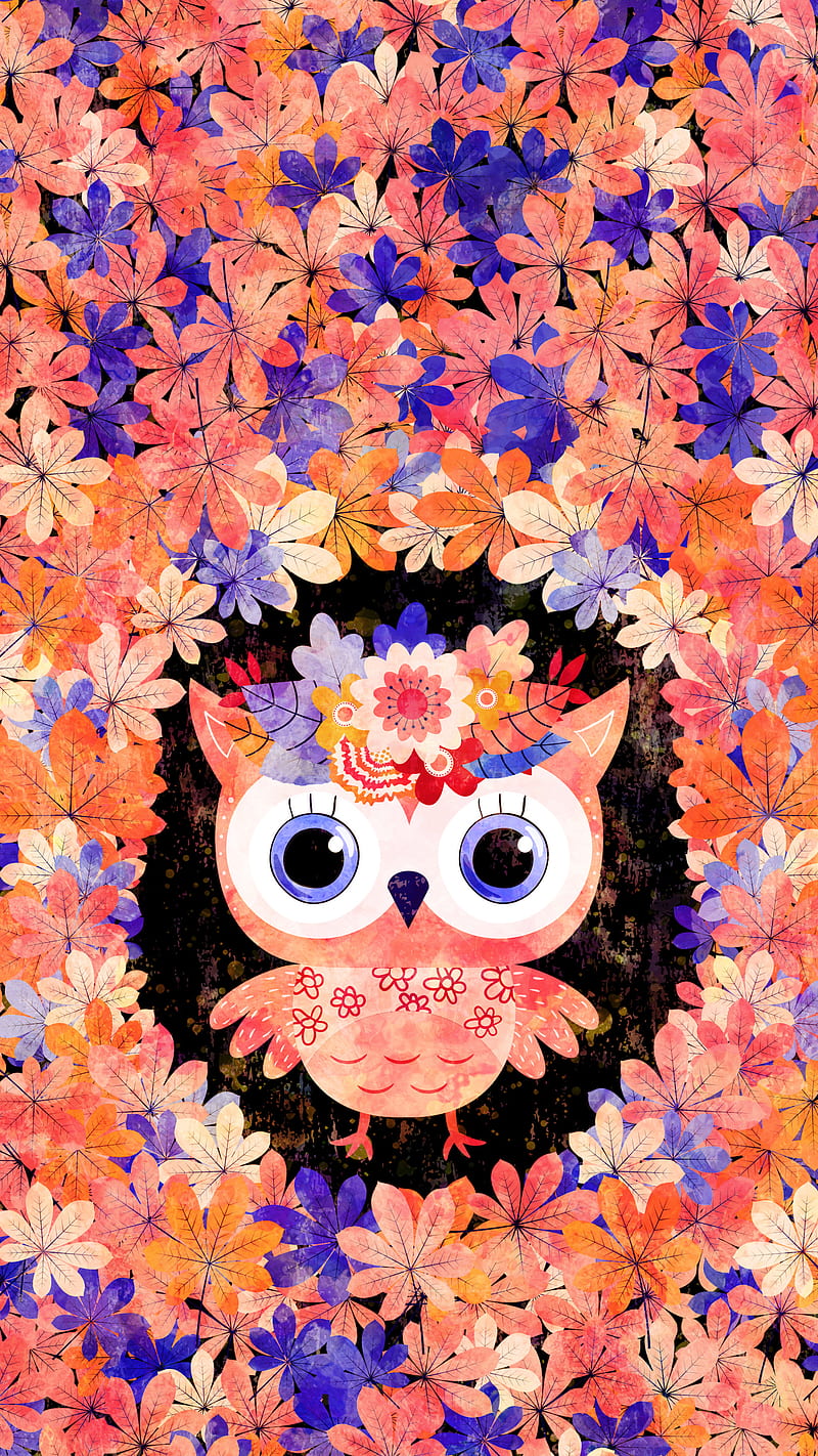 Fun Cute Floral Owl, Koteto, October, September, animal, autumn, bird, botanical, brown, color, drawing, environment, fall, flower, foliage, forest, funny, happy, illustration, leaf, nature, owlet, plant, season, seasonal, silhouette, summer, tree, twig, watercolor, woodland, HD phone wallpaper