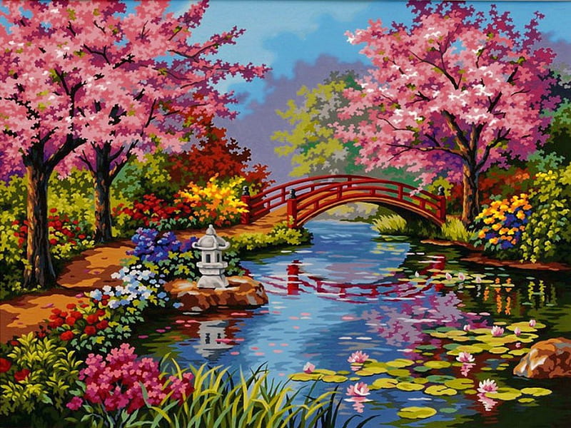Japanese garden, colorful, bonito, calm, bridge, painting, flowers, art, japanese, spring, trees, lake, pond, serenity, peaceful, blossoms, garden, flowering, blooming, HD wallpaper