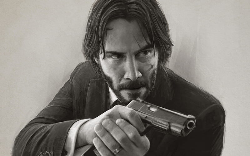 John Wick (Keanu Reeves), portrait, john wick, draw, Keanu reeves, pablo olivera, man, actor, HD wallpaper