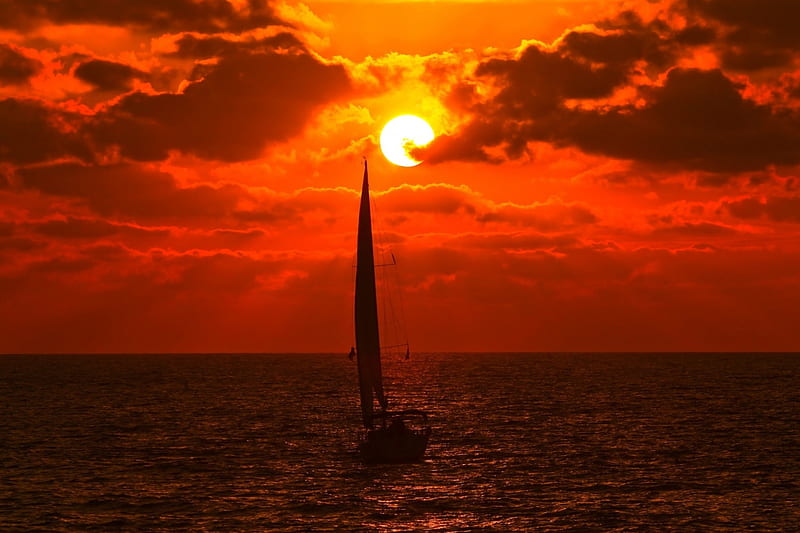 Sunset, sun, boat, yacht, clouds, sky, sea, sail, HD wallpaper