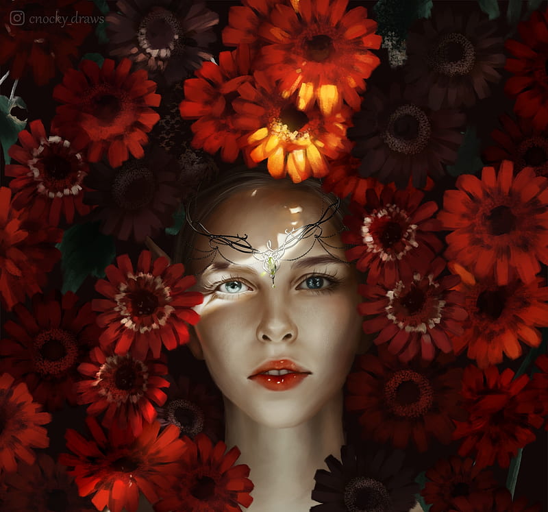 Red flower girl, face, helena cnockaert, red, fantasy, luminos, flower, HD wallpaper