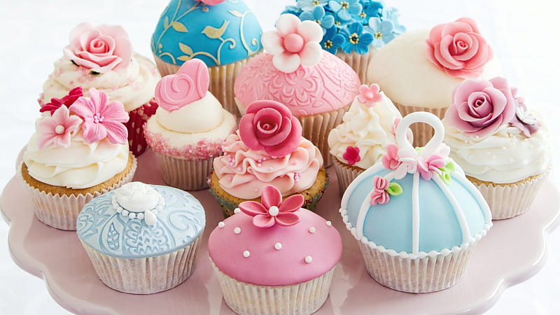 Bunch of Cupcakes, delicious, frosting, smooth, abstract, sweet, dessert, bakery, turquoise, cupcakes, flowers, cakes, tin, foil, white, pink, blue, HD wallpaper