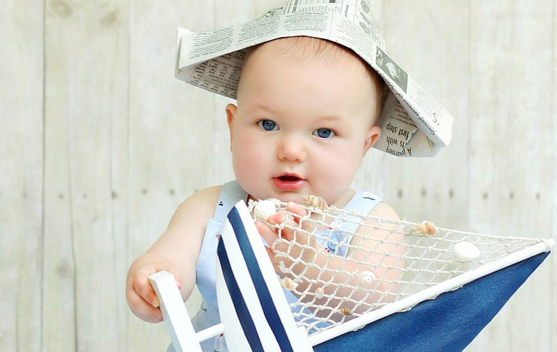 Ready for holiday, toy, baby, hat, cute, kid, boy, boat, summer, child, funny, paper, blue eyes, white, blue, HD wallpaper