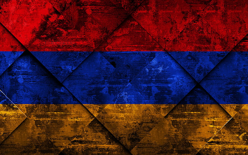 Flag of Armenia grunge art, rhombus grunge texture, Armenian flag, Europe, national symbols, Armenia, creative art, HD wallpaper