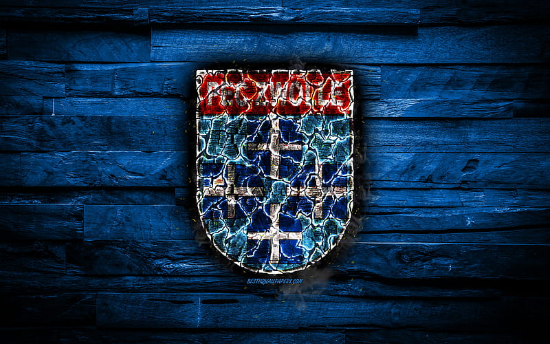 PEC Zwolle FC, burning logo, Eredivisie, blue wooden background, Dutch football club, grunge, PEC Zwolle, football, soccer, PEC Zwolle logo, fire texture, Netherlands, HD wallpaper