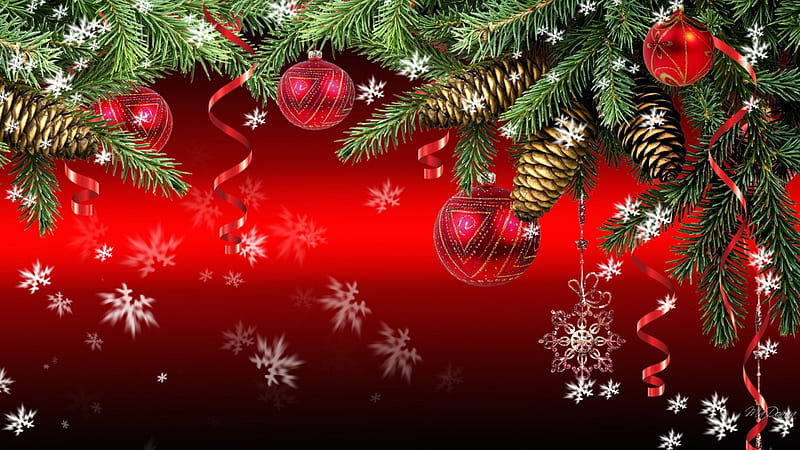 Basic Christmas Things, red, Christmas, ribbon, cones, shine, winter, snow, snowflakes, decorations, fir, spruce, HD wallpaper