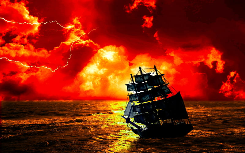 STORMY NIGHT, lightning, ship, force, ocean, nature, storm, HD wallpaper