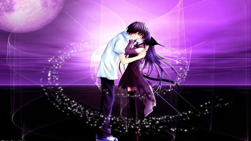 Love in purple, moon, boy, girl, anime, love, woman, doll, kiss, HD  wallpaper | Peakpx